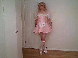 Pink sissy maid's outfit and no panties - ashemaletube.com on ashemalesex.com