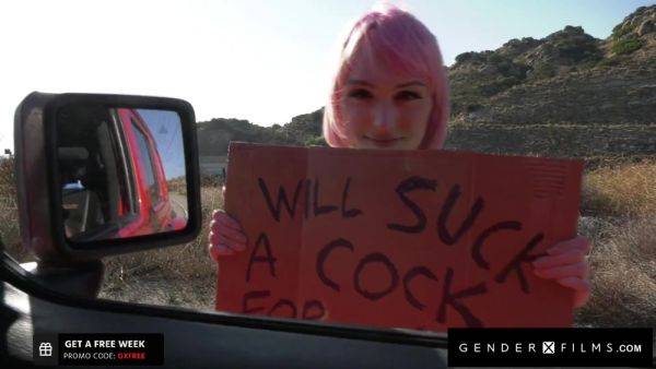 Trans hitchhiker with flat tits Claire Tenebrarum sucks cock for a ride - anysex.com on ashemalesex.com